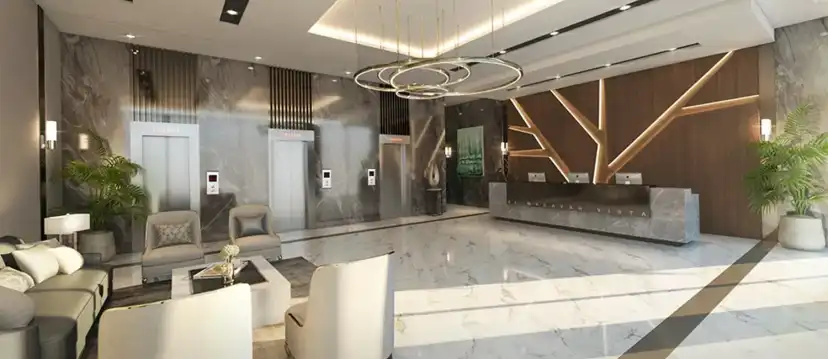 Lobby with a reception desk and a timber feature wall